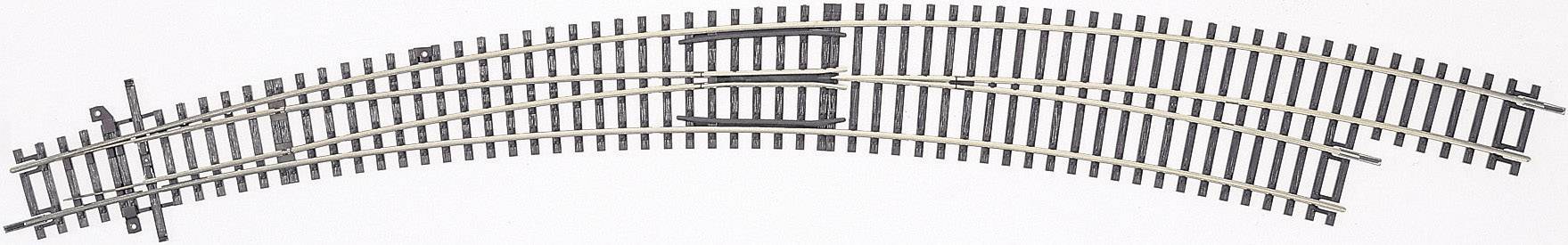 Zakrzywiony tor modelarstwa kolejowego z dwoma równoległymi odcinkami szyn, lekko zakręcającymi w lewo.