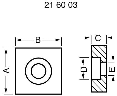 Rysunek techniczny elementu kwadratowego z wymiarami: A, B, C, D, E. Na górze znajduje się numer '21 60 03'.