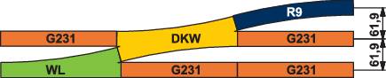 Diagram przedstawia ustawienie zwrotnicy. Tor WL prowadzi do toru DKW. Sąsiednie tory to G231 i R9. Numery identyfikacyjne toru 61.9.
