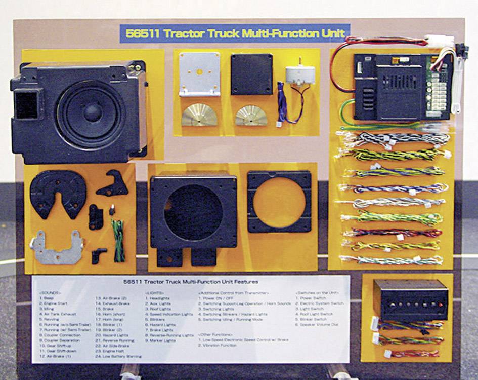 Tablica komponentów "Wielofunkcyjnej Jednostki Ciągnika Siodłowego 56511". Po lewej stronie głośniki i części, po prawej stronie okablowanie i sterowanie. Na dole lista funkcji.