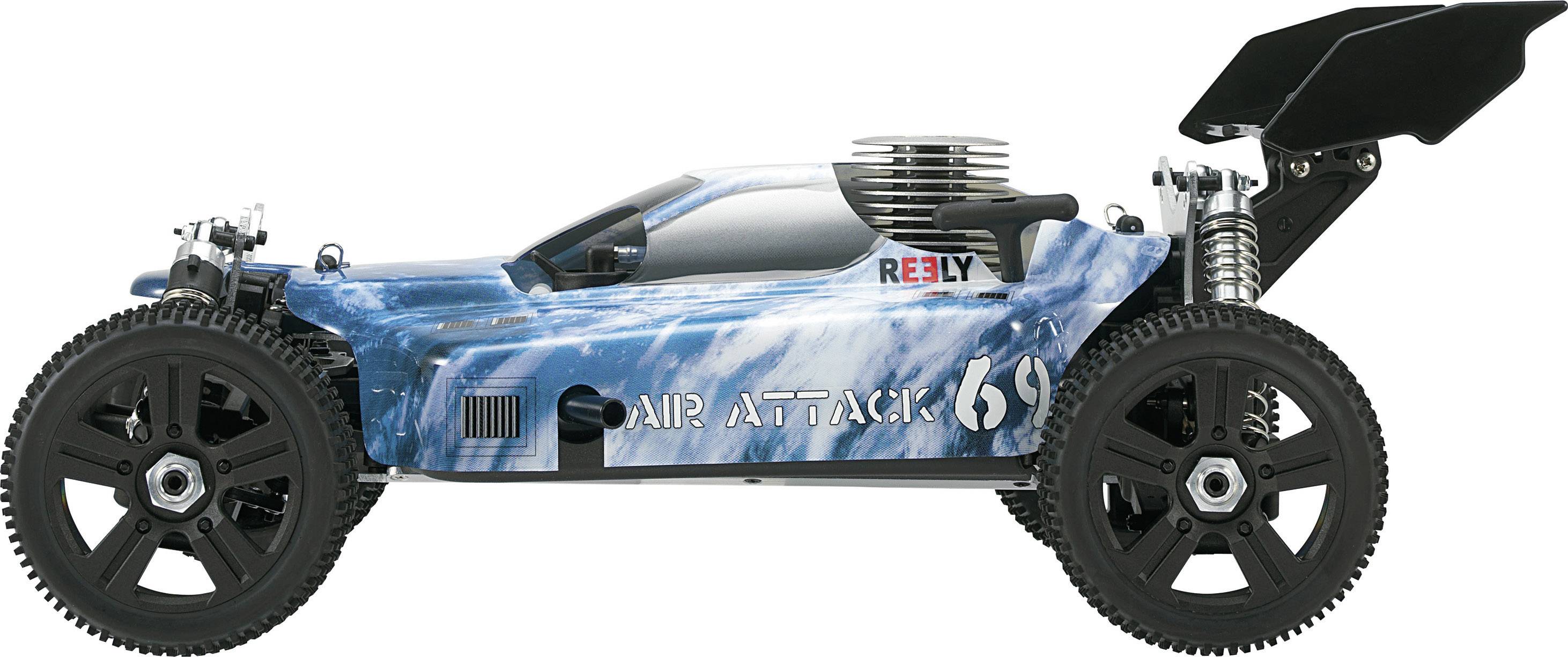 Zdalnie sterowany samochód wyścigowy w kolorze niebieskim z napisem 'Air Attack 69'. Duży tylny spoiler, widoczny silnik.