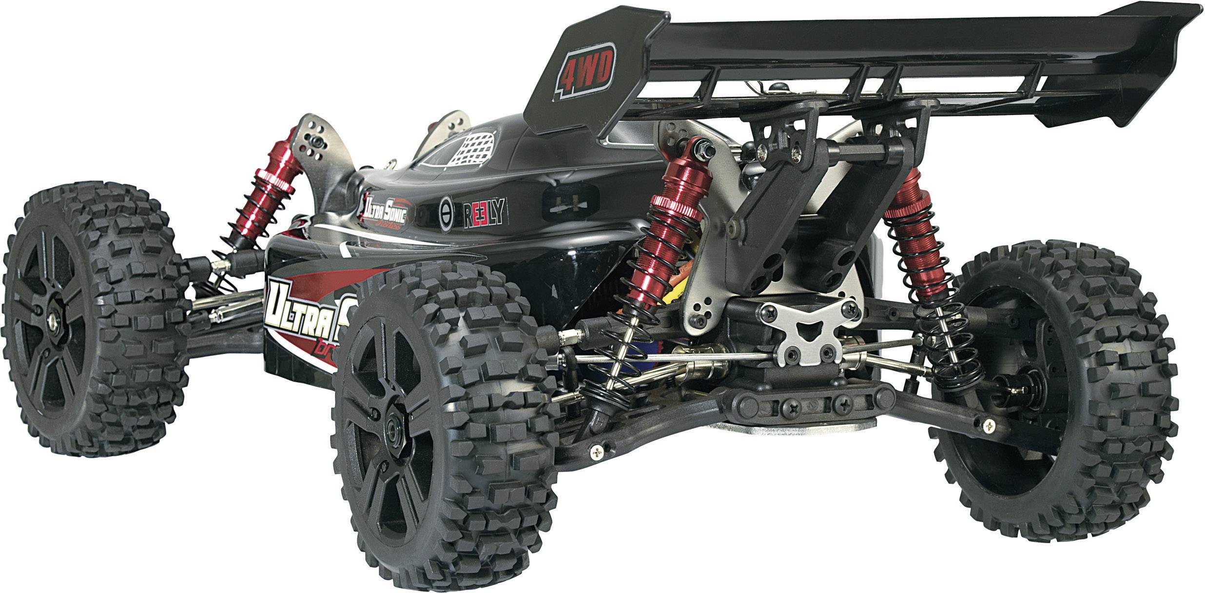 Zdalnie sterowany samochód 4WD z grubymi oponami i czerwonym zawieszeniem. Model charakteryzuje sportowy design i duży tylny spoiler.