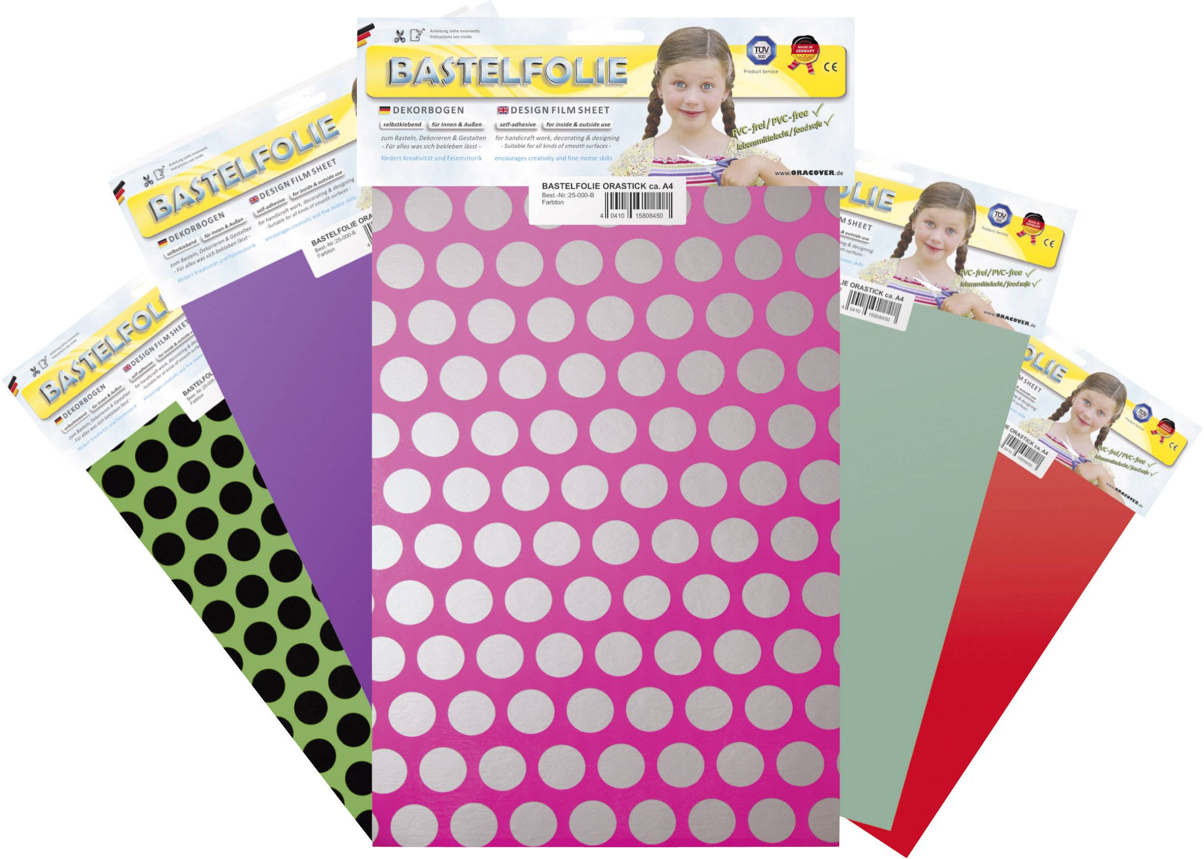 Kolorowe folie ozdobne w kolorach różowym, zielonym, fioletowym i czerwonym w kropki, idealne do projektów kreatywnych, na opakowaniu uśmiechnięte dziecko.