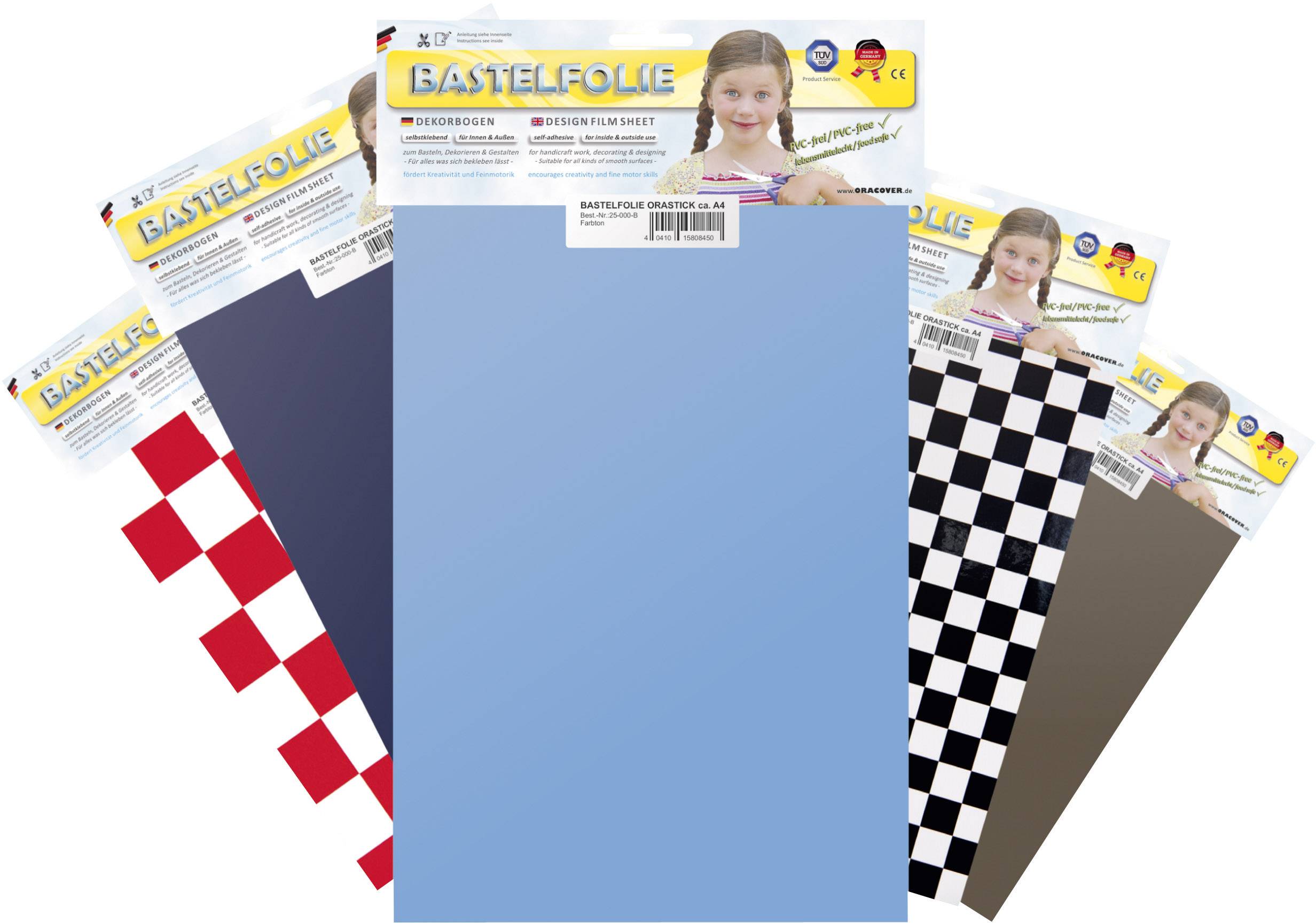 Folie do majsterkowania w różnych kolorach i wzorach, w tym niebieska, czerwono-biała w kratkę oraz czarno-biała w kratkę. Idealna do prac ręcznych.