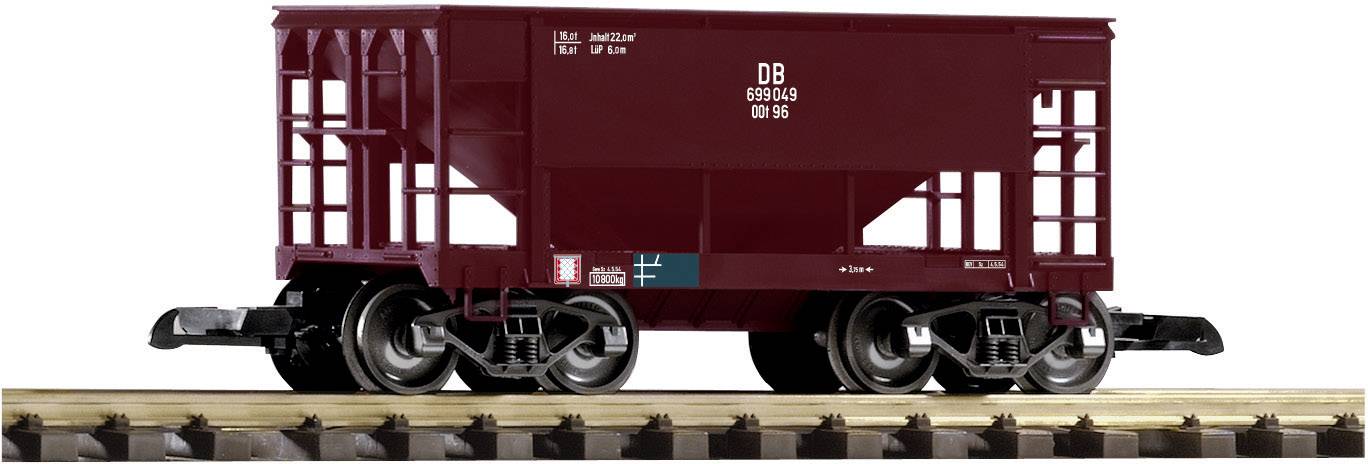 Czerwony wagon towarowy na torach, oznaczony napisem 'DB'. Wagon posiada cztery koła i otwarte, kratowe ściany boczne.