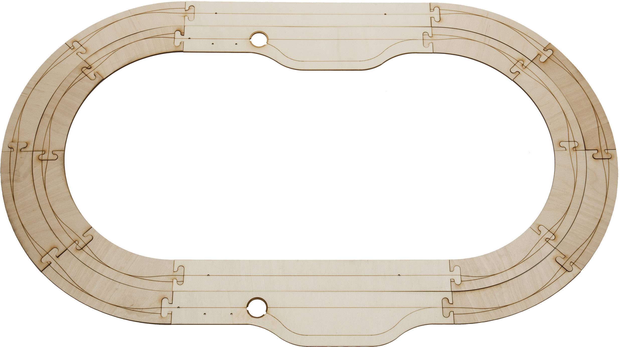 Owalna drewniana tor wyścigowy dla zabawkowych samochodów z dwoma torami i złączkami.