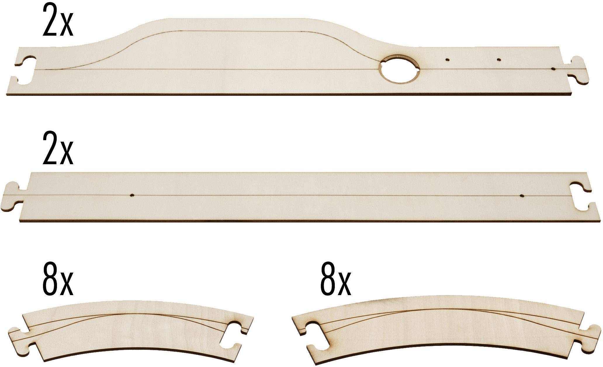 Cztery różne drewniane płyty, każda w dwóch egzemplarzach. Jedna płyta posiada okrągły otwór, pozostałe są różnej długości i zakrzywione.