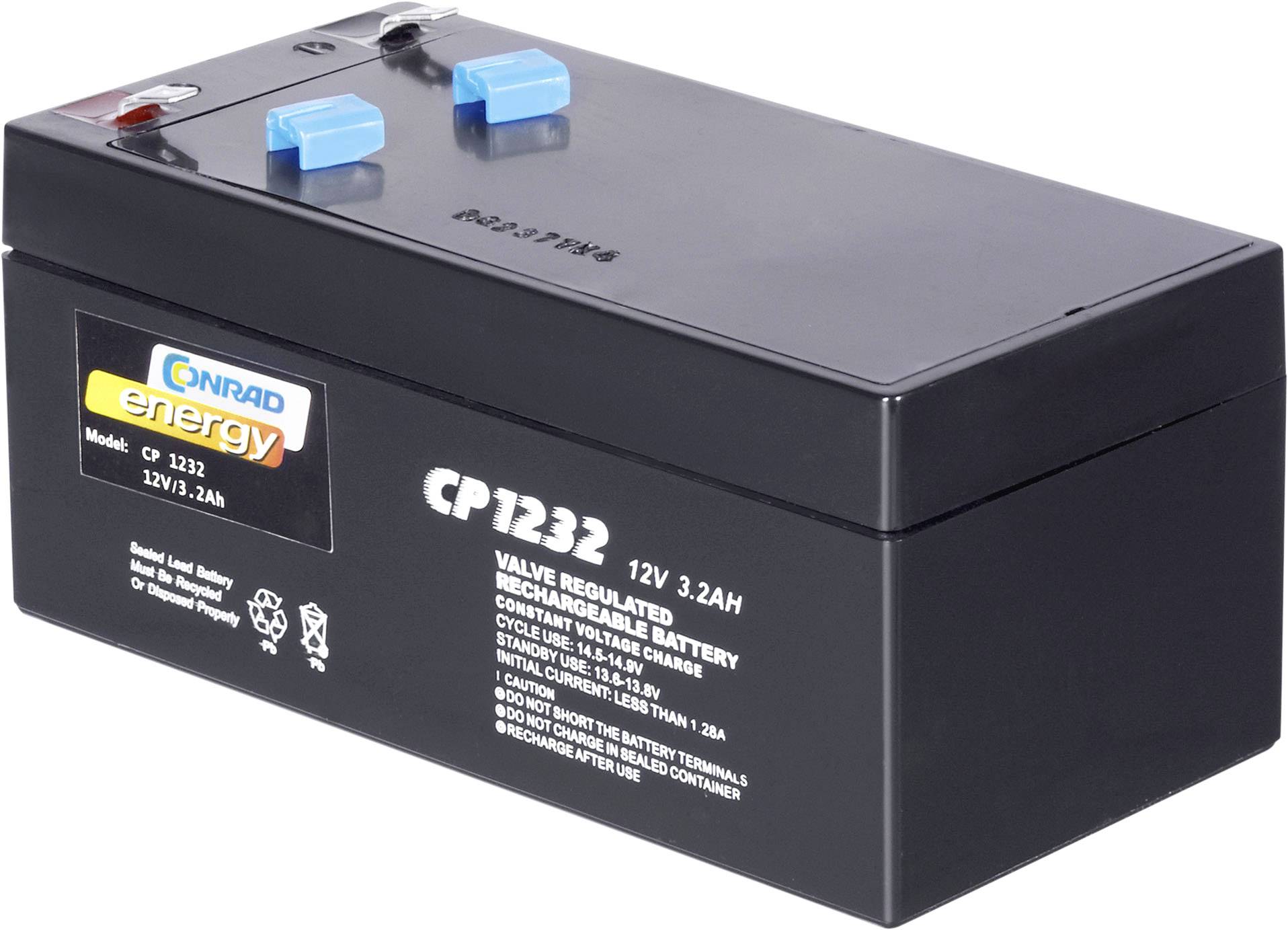 Bateria z niebieskim i czerwonym złączem. Napis: 'Conrad Energy CP1232'. Pojemność: 12V, 3,2Ah. Prostokątny, czarny kształt.