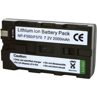 Akumulator litowo-jonowy z napisem 'Pakiet akumulatorów litowo-jonowych NP-F550/F570 7,2V 2000mAh'. Ostrzeżenia: Używać tylko określonej ładowarki, nie demontować, nie wrzucać do ognia, nie powodować zwarcia.