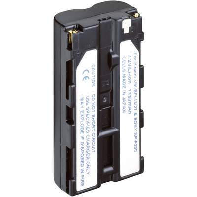 Czarny, prostokątny akumulator do Sony NP-F330 o napięciu 7,2V i pojemności 1150mAh. Na obudowie wydrukowano napis 'For Hitachi VM-BPL13/27 & SONY NP-F330'.
