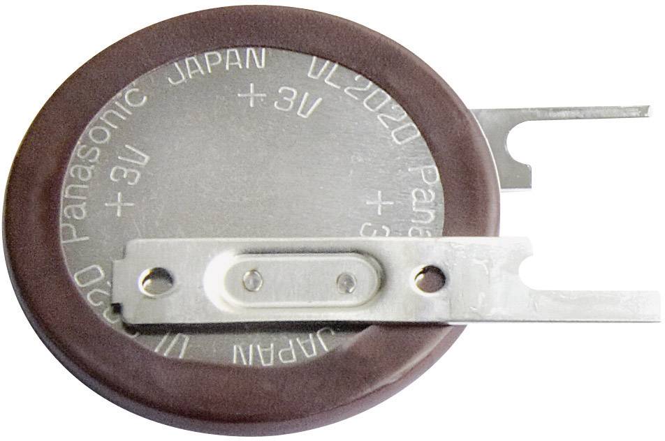 Bateria guzikowa Panasonic, model VL-2020, 3V, powierzchnie srebrna i brązowa, metalowe zakładki po lewej stronie do podłączenia.