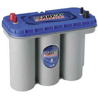 Akumulator samochodowy z niebieskim wierzchołkiem oraz czerwonymi i czarnymi zaciskami. Oznaczenie: 'Optima Batteries'.