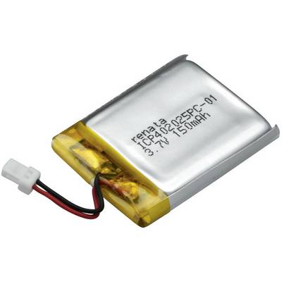 Mały akumulator prostokątny z żółtymi i srebrnymi elementami, z napisem '3.7V 150mAh'; dwa podłączone przewody.