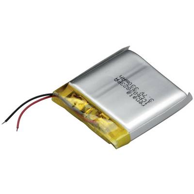 Prostokątny akumulator litowo-polimerowy z dwoma wystającymi przewodami, odpowiedni do urządzeń elektronicznych.