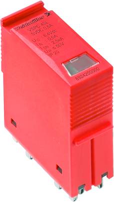 Czerwony element elektroniczny z wtyczkami. Nadruk na górze: 'Weidmüller', dane techniczne na boku. Przeznaczenie: połączenie elektryczne.