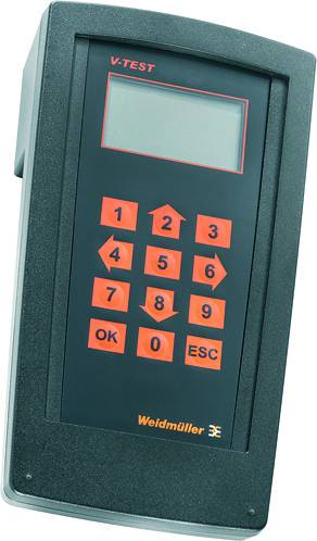 Przenośne elektryczne urządzenie pomiarowe z klawiaturą numeryczną i wyświetlaczem, oznaczone jako 'Weidmüller V-TEST'.