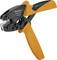 Pomarańczowe szczypce do zaciskania z czarną rękojeścią przeznaczone do obróbki kabli. Nazwa marki i numer modelu widoczne na narzędziu.