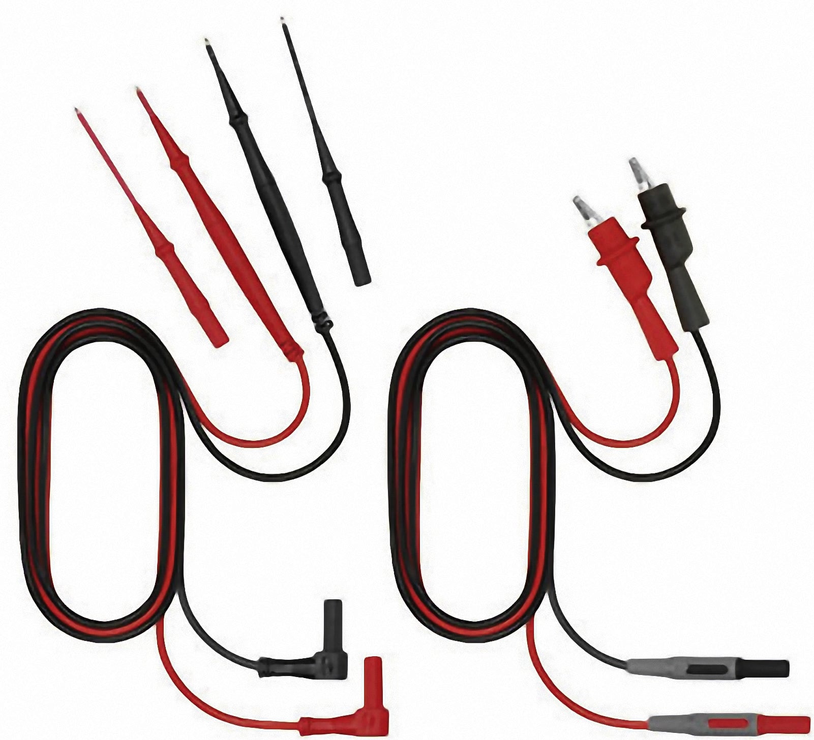 Zestaw czerwonych i czarnych przewodów pomiarowych z krokodylkami i końcówkami pomiarowymi, używanych w elektronice do pomiaru napięcia i rezystancji.