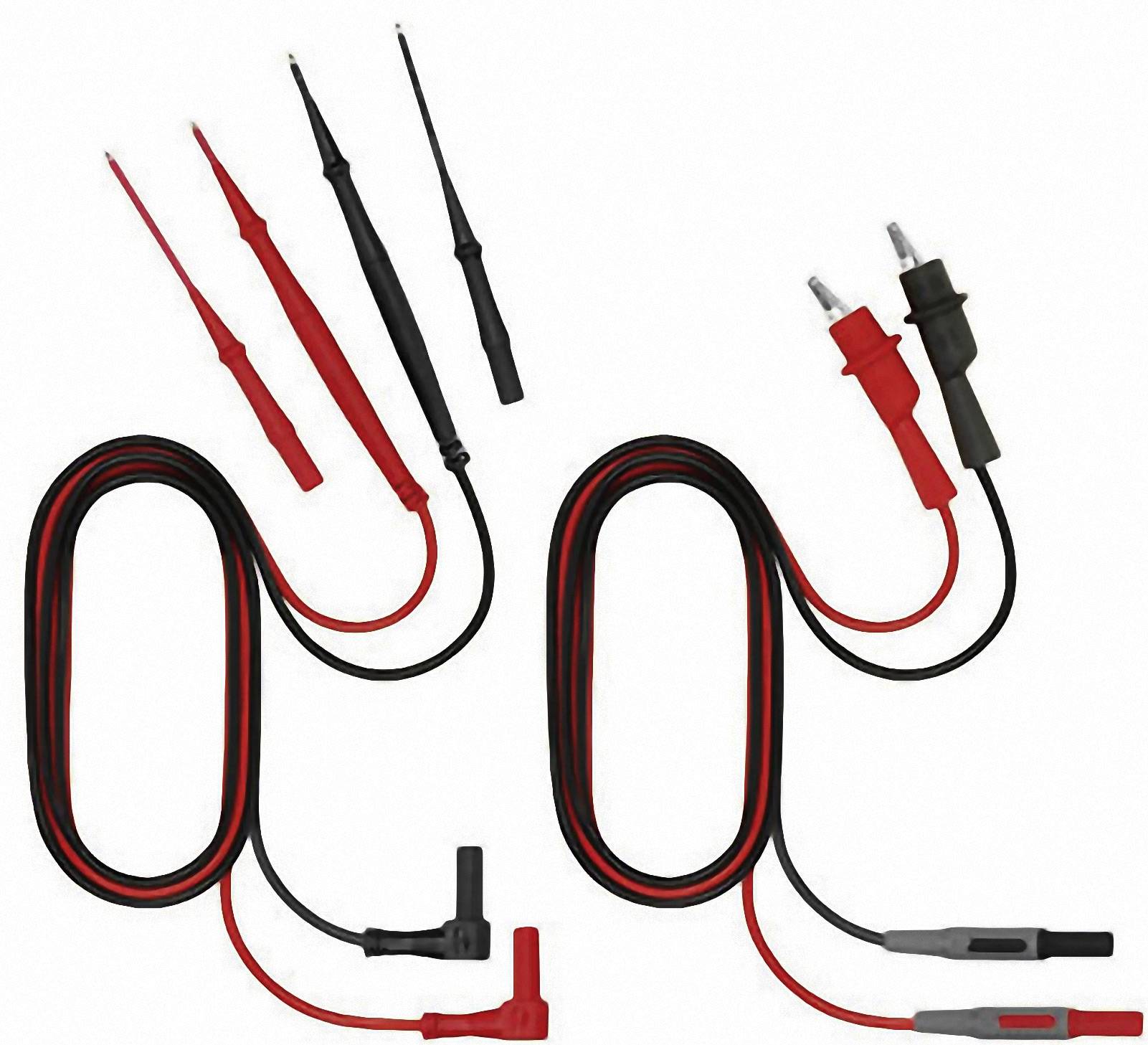 'Dwie przewody pomiarowe, jeden czerwony i jeden czarny, z metalowymi końcówkami i złączami, które są używane do testów elektrycznych.'