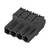 Czarny, pięciobiegunowy złącze wtykowe z tworzywa sztucznego z prostokątnymi otworami do podłączeń elektrycznych, z bocznymi zaczepami mocującymi.