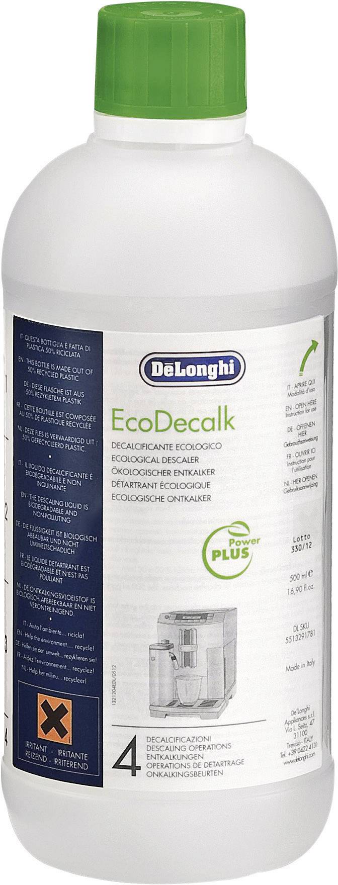 Butelka DeLonghi EcoDecalk odkamieniacz z zielono-białą etykietą, specjalnie opracowany do ekspresu do kawy.