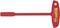 Czerwony klucz imbusowy z uchwytem T leży w pozycji poziomej. Narzędzie posiada długi trzpień i krótki uchwyt z oznaczeniem.