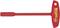 Czerwony sześciokątny klucz imbusowy z tworzywa sztucznego z uchwytem T, z bocznym otworem do zawieszenia. Posiada żółty napis na uchwycie.