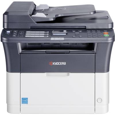 Czarny wielofunkcyjny drukarka Kyocera z panelem sterowania na górze, podajnikiem papieru wyjściowego pośrodku oraz dolnym zasobnikiem papieru.