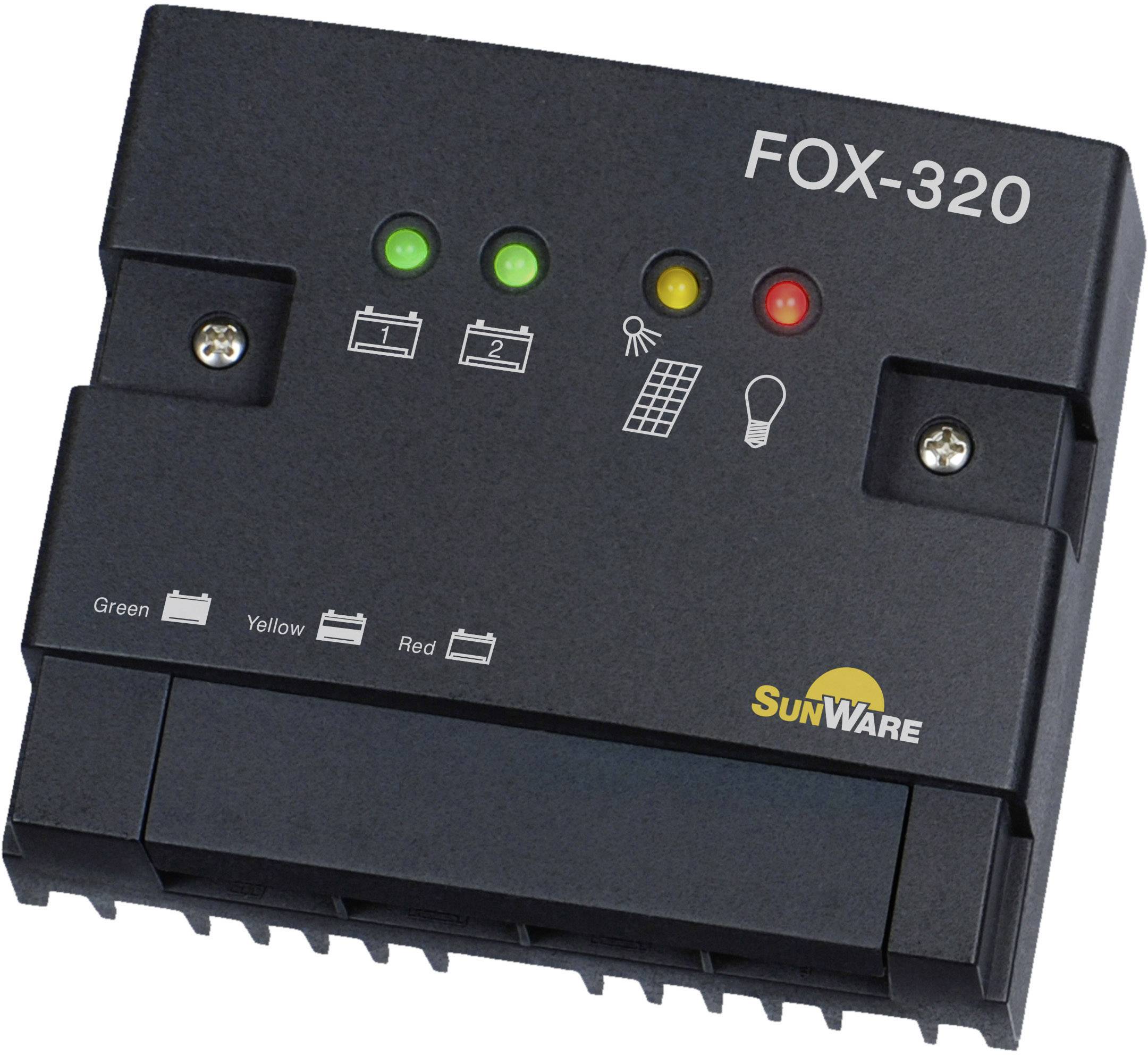 Regulator ładowania solarnego FOX-320 firmy SunWare z diodami LED wskazującymi stany ładowania w kolorach zielonym, żółtym i czerwonym; symbole akumulatora i panelu słonecznego.