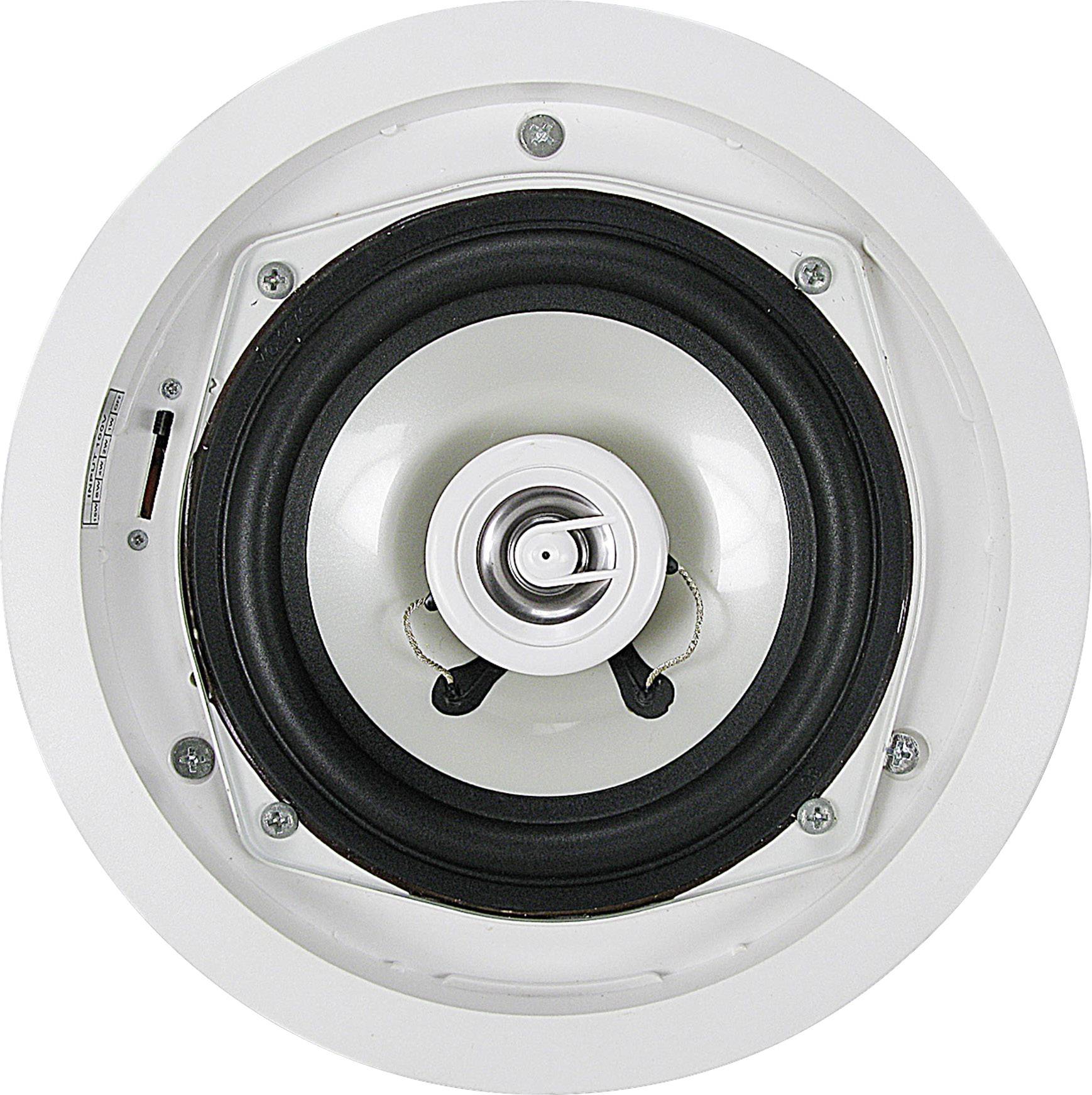 Okrągły głośnik w białej oprawie, zamontowany na suficie. Głośnik posiada czarną membranę.
