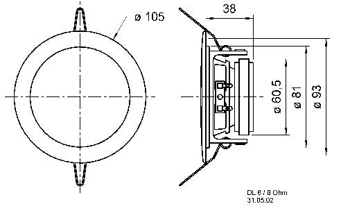 Rysunek techniczny okrągłego głośnika z wymiarami; średnica 105 mm, głębokość 38 mm, złącze z tyłu.