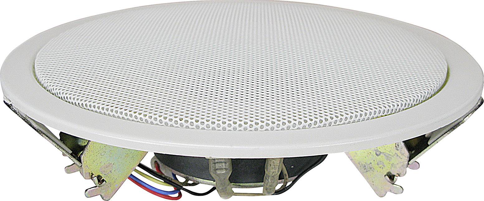 Okrągły głośnik sufitowy z białą kratką i widocznymi przewodami. Idealny do montażu w sufitach podwieszanych w biurach lub sklepach.