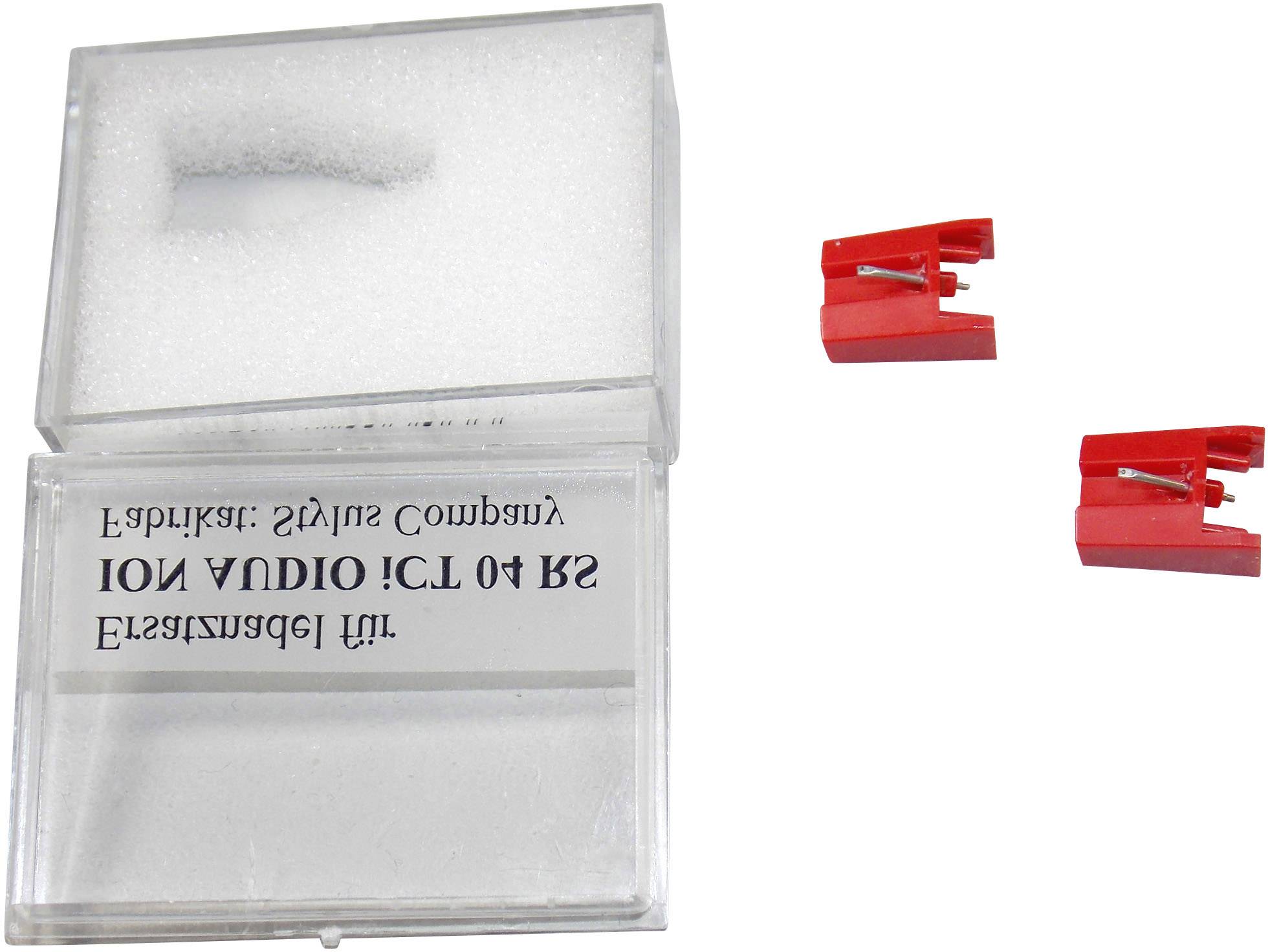 Dwie czerwone igły wymienne do gramofonu w plastikowym pudełku.