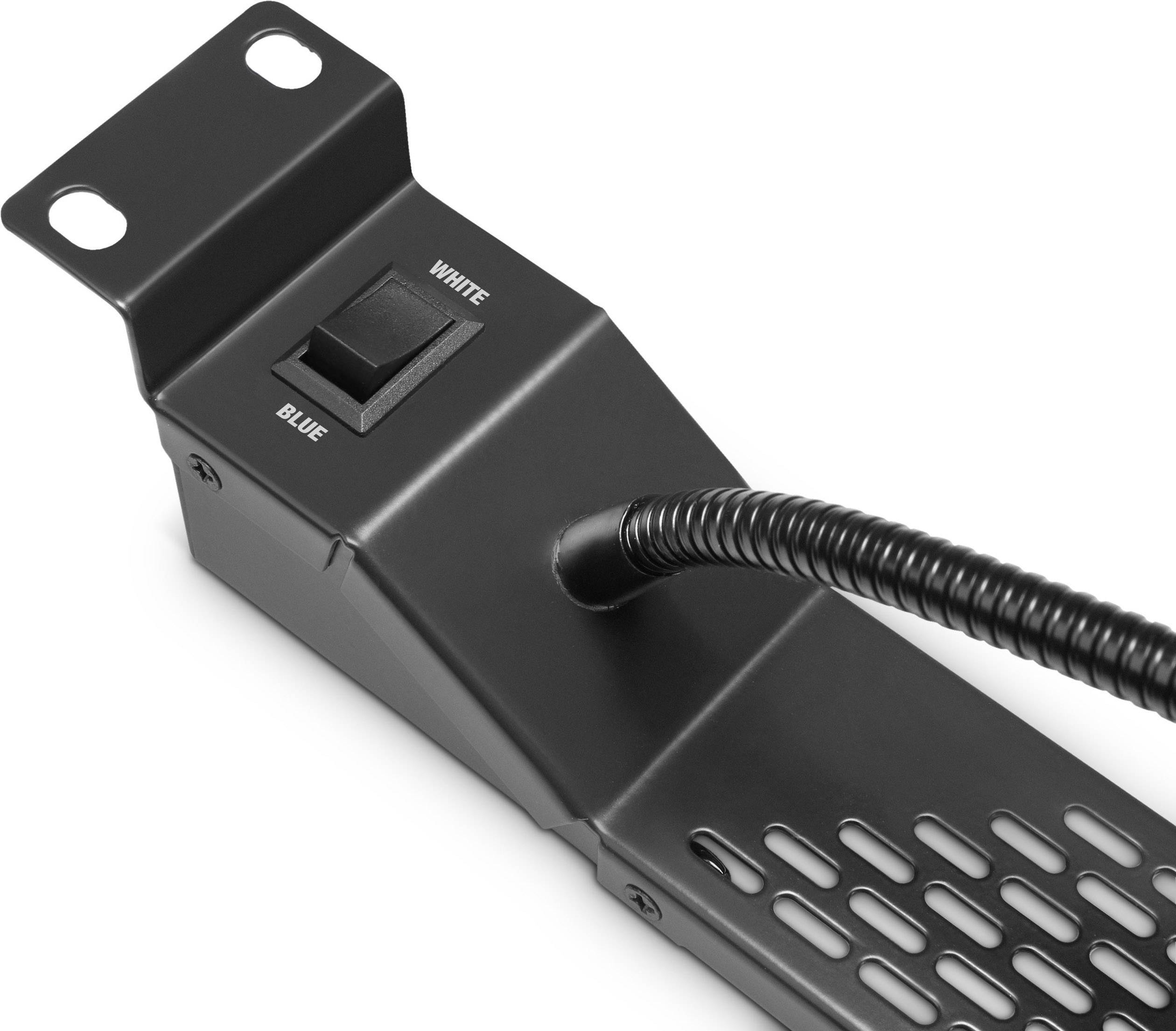 Czarny metalowy ramka z przełącznikiem. Przełącznik posiada dwie pozycje: 'White' i 'Blue'. Kabel jest przymocowany do ramki.