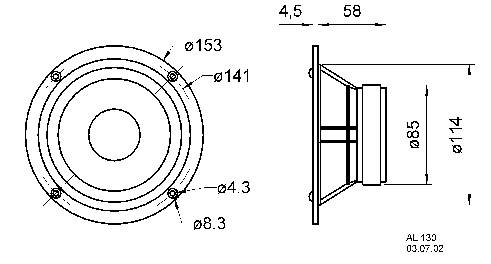 Rysunek techniczny głośnika z widokiem z przodu i z boku. Wymiary: średnica 153 mm, głębokość 58 mm, otwór 85 mm.