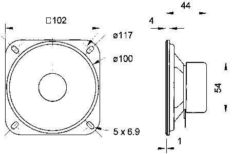 Rysunek techniczny głośnika z wymiarami: 102 mm średnicy, 54 mm głębokości, otwory na śruby ø 6,9 mm.