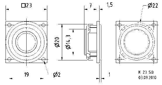 Rysunek techniczny elementu kwadratowego z średnicami kołowymi w różnych rzutach. Wymiary podane są w milimetrach.