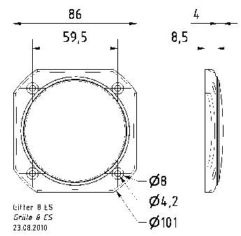 Rysunek techniczny kwadratowego uchwytu o wymiarach 86 mm x 86 mm z zaokrągleniami do mocowania. Widok z boku przedstawia głębokość 8,5 mm.