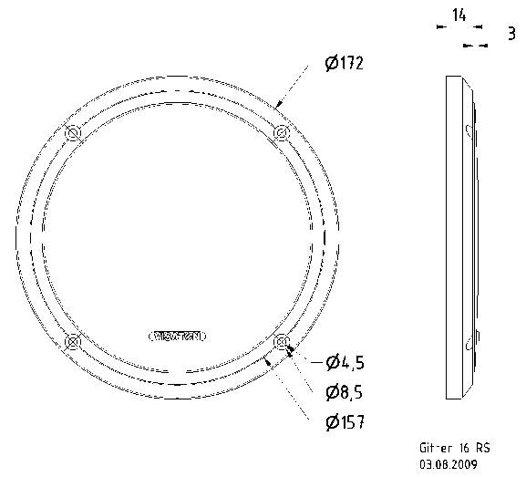 Rysunek siatki okrągłej o średnicy 172 mm, z otworami o średnicach 4,5 mm i 8,5 mm. Oznaczone: Siatka 16 RS.