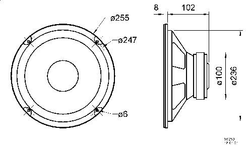 Rysunek techniczny głośnika. Po lewej: widok z przodu z wymiarami; po prawej: widok z boku. Podane są średnica i głębokość.