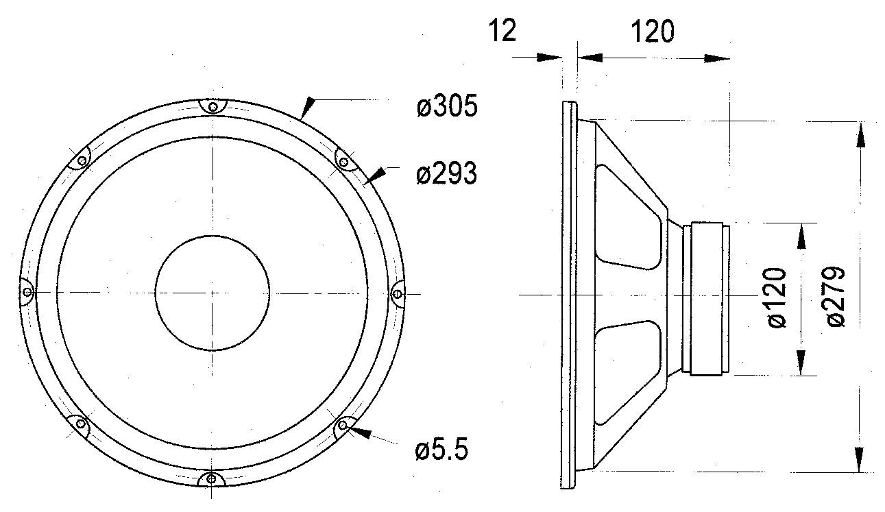 Rysunek techniczny głośnika z wymiarami: średnica 305 mm, wysokość 120 mm, otwór mocujący Ø 5,5 mm, pozostałe zaznaczone wymiary.