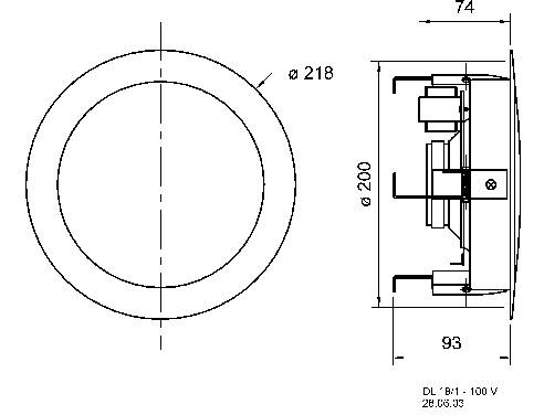 Rysunek techniczny okrągłej oprawy wpuszczanej ze szczegółami wymiarów: średnica 218 mm, głębokość 93 mm, szerokość 74 mm.
