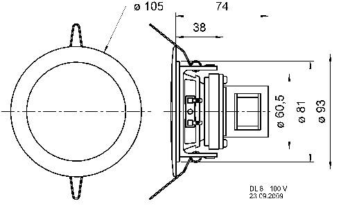 Rysunek techniczny okrągłego głośnika z podaniem średnicy oraz szczegółami montażowymi, widok z boku i z przodu.