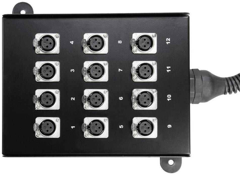 'Czarny elektryczny panel przyłączeniowy z 12 numerowanymi gniazdami i przewodem podłączonym po prawej stronie.'