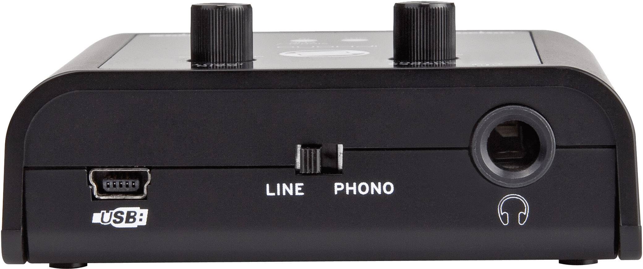 Czarne audio-interface z dwoma regulatorami na górze, przełącznikiem Line-Phono, złączem USB i gniazdem słuchawkowym.