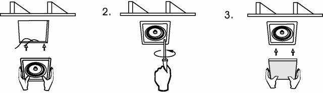 'Trzy kroki montażu głośnika sufitowego: 1. Podłączenie przewodów, 2. Włożenie i obrót głośnika, 3. Zamocowanie.'