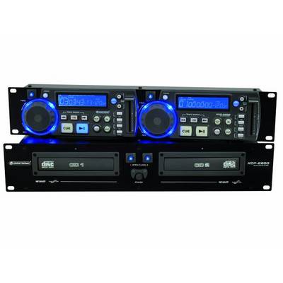 Podwójny odtwarzacz DJ CD z konsoletą mikserską, wyposażony w niebieskie podświetlenie, liczne elementy sterujące oraz wyświetlacze cyfrowe.