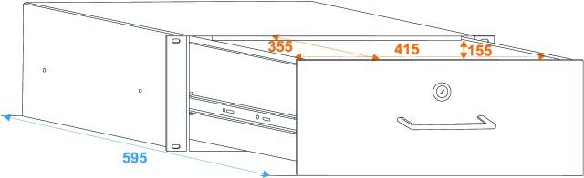 Rysunek przedstawia szufladę o następujących wymiarach: szerokość 595 mm, głębokość 415 mm, szerokość wewnętrzna 355 mm i grubość ścianki bocznej 155 mm.