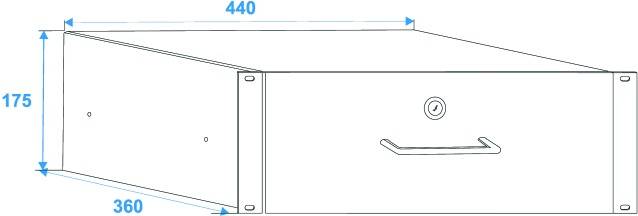 Diagram prostokątnego urządzenia o wymiarach 440 mm szerokości, 360 mm głębokości i 175 mm wysokości. Przednia strona posiada uchwyt i zamek.