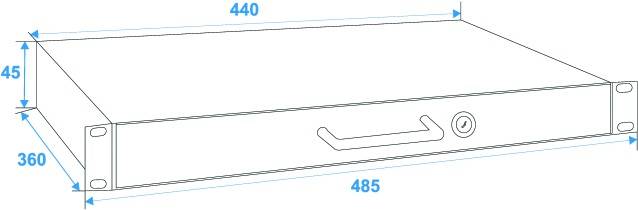 Rysunek techniczny obudowy rackmount o kształcie prostokątnym z wymiarami: szerokość 485 mm, głębokość 360 mm, wysokość 45 mm.